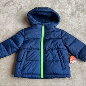BRAND NEW! Wonder Nation | Navy Puffer Jacket Neon Green Zipper Hood 18 Months